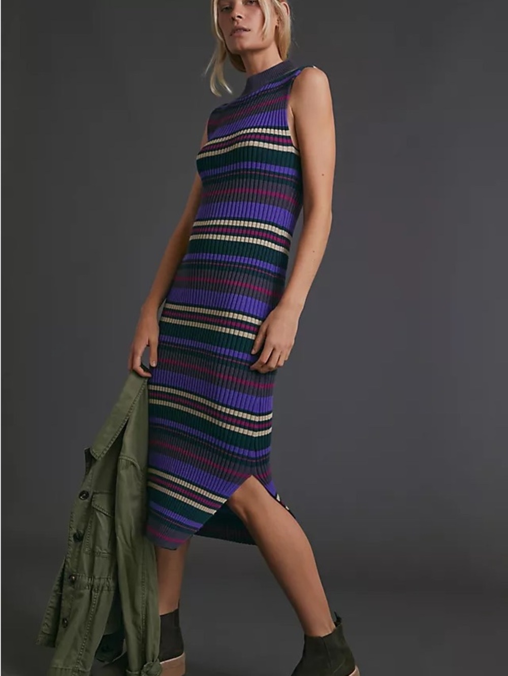 dolan Striped Rib-Knit Sleeveless Midi Dress in Purple and Green